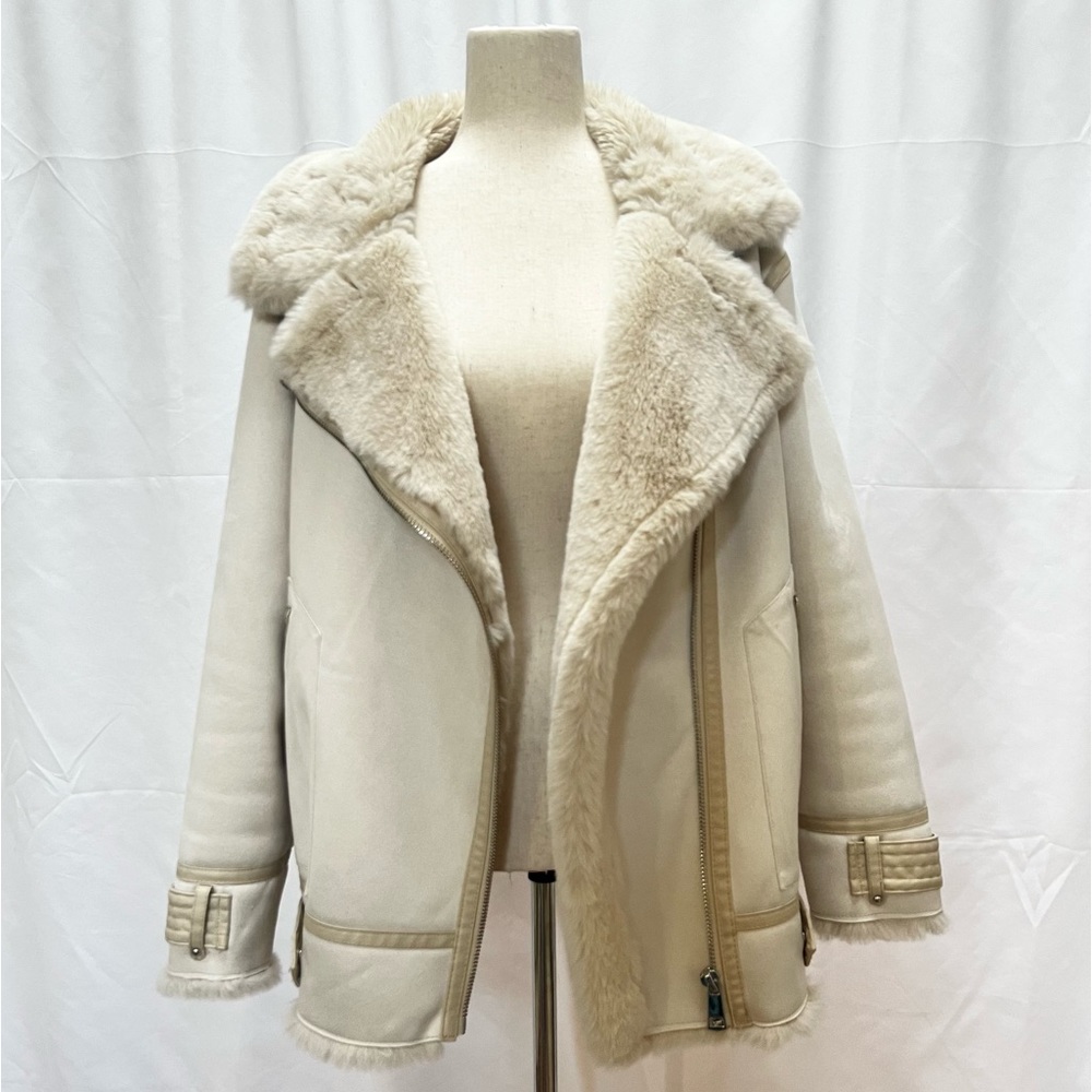 Faux shearling/fur cream oversized biker jacket from Zara women’s size M